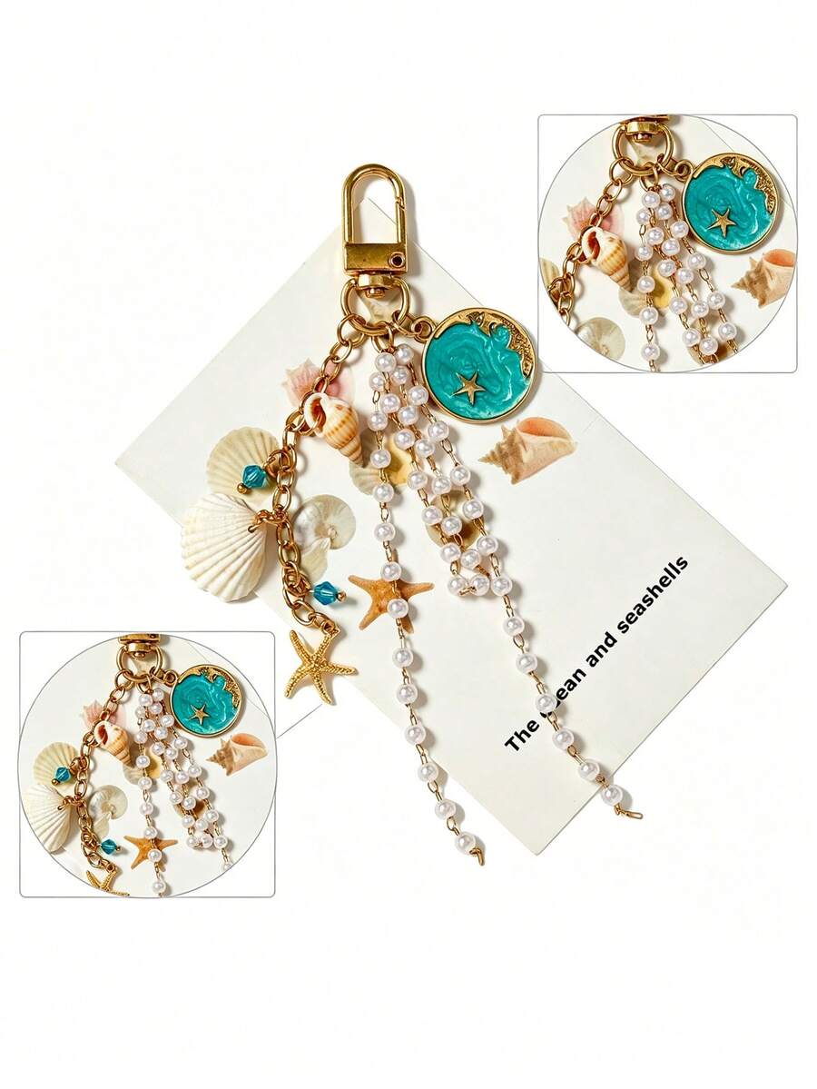 Ocean Style Seashell & Pearl Keychain, Starfish Conch Bag Charm, Beach Vacation Accessory - Multicolor - View 1
