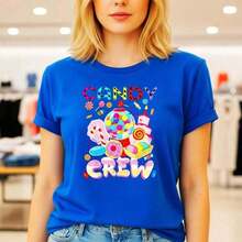 Women's Candy Crew Graphic Print Cotton T-Shirt, Crew Neck, Short Sleeve, Casual Style, Sizes S-5XL, Sweet Donut And Lollipop Design, Loose Fit For Everyday Wear, Soft, Breathable And Comfortable, Summer Basic T-Shirt. Versatile For Casual Daily Wear. Soft - 藍色的 - 查看 1