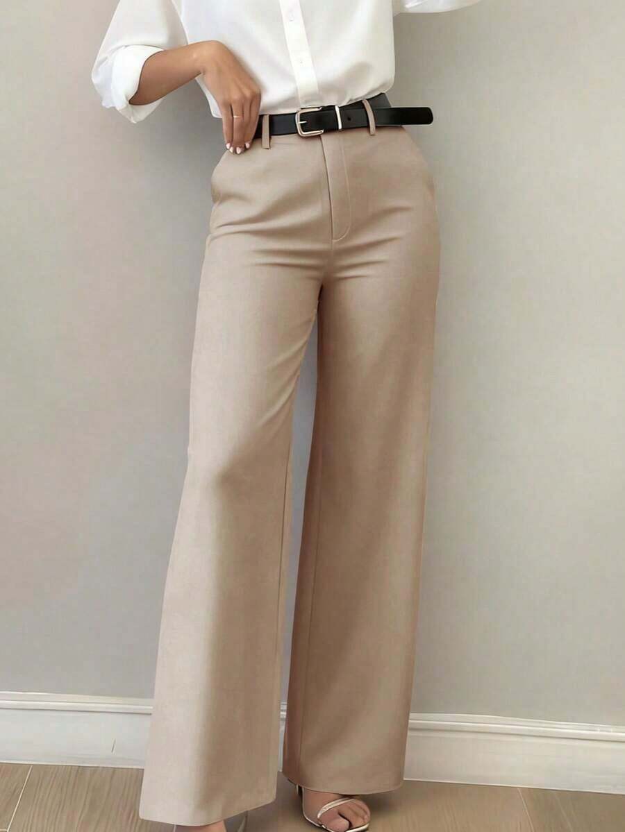 Pantalones casuales de pierna acampanada con diseño minimalista para mujer, adecuados para ir al trabajo, la oficina, uso diario, todo el año, color rosa primaveral - Caqui - Ver 1