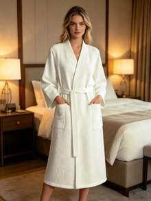 1pc Women's 100% Cotton Waffle Knit Kimono Robe, Soft Absorbent Unisex Bathrobe, Suitable For Home, Spa, Hotel Leisure, Valentine's Day Gift - White - View 3