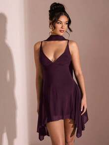 Vestido corto de gasa con escote en V profundo y cinta de color negro sólido, adecuado para citas diarias, salidas nocturnas, discotecas, fiestas, reuniones, fiestas de cóctel, monos de vacaciones, fiestas en la piscina, ropa de oficina, vestidos para ir y venir - Granada - Ver 4