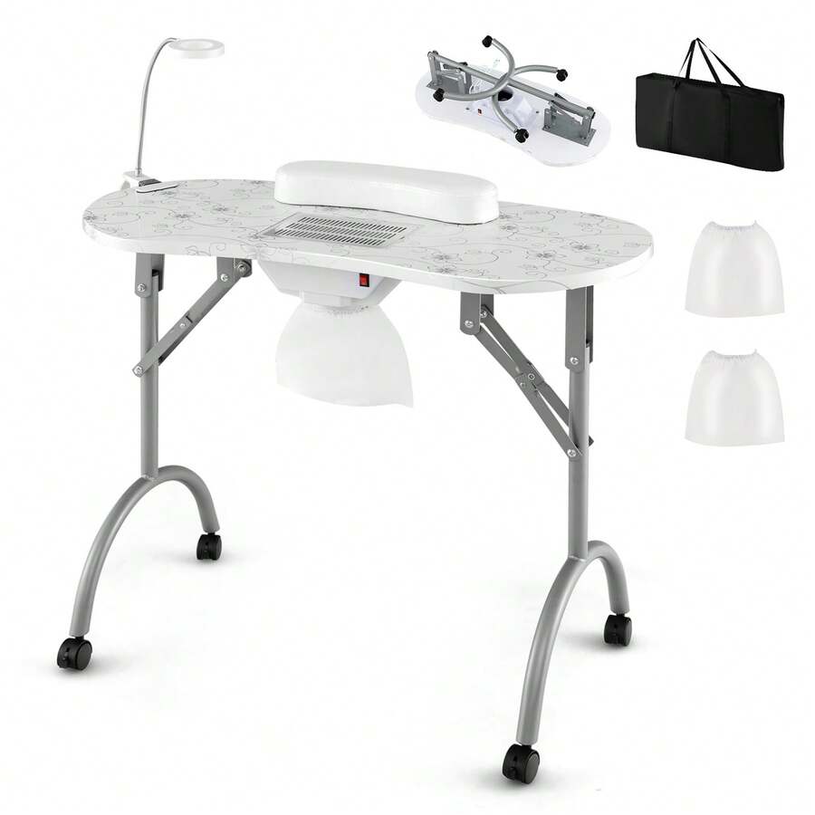 GOFLAME Manicure Nail Table With Electric Dust Collector Foldable Nail Table With Bendable LED Lamp And Wrist Pad 4 Lockable Wheels Spa Salon Workstation - White - View 1