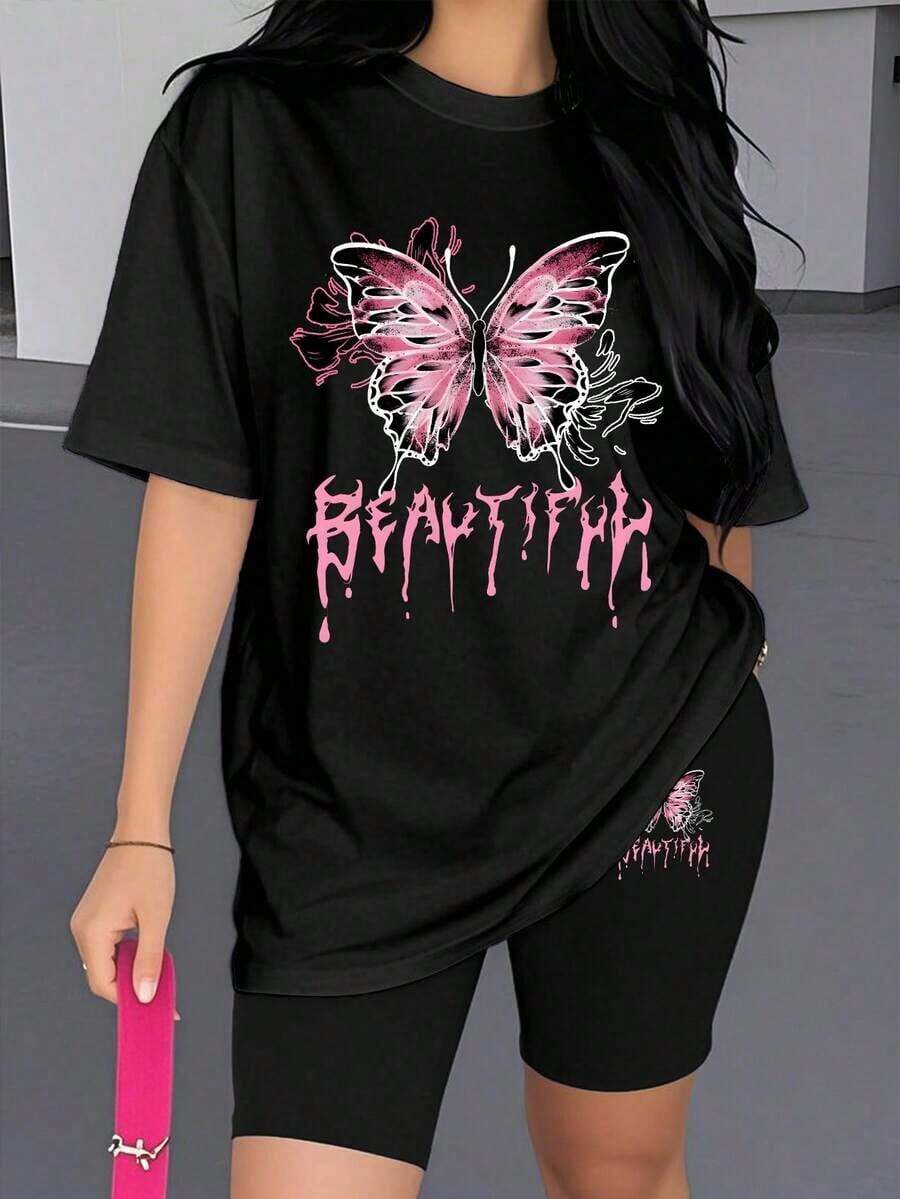 Conjunto de camiseta y pantalones cortos de ciclista con estampado gráfico de número 13 y eslogan, de moda casual para mujer - Multicolor 2 - Ver 1