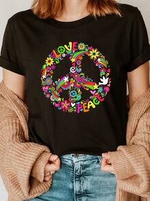 Camiseta de Mujer con Estampado Floral Amor y Paz - Manga Corta, Cuello Redondo, Colores Vibrantes Arcoíris, Transparencia Suave para Todas las Estaciones, Lavable a Máquina, Ajuste Regular, Ropa Cómoda Casual, Temática de Paz, Tejido Suave - Negro - Ver 1