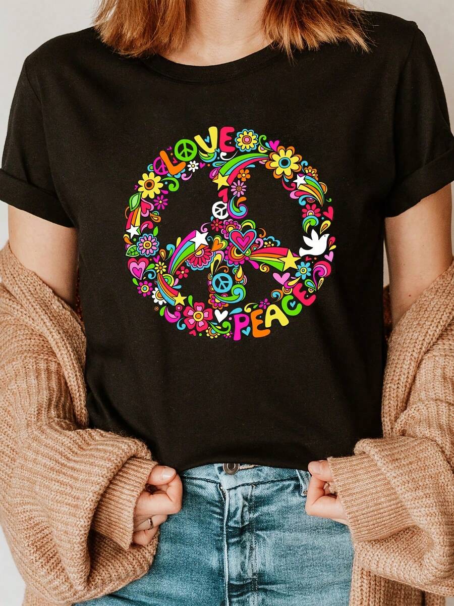 Camiseta de Mujer con Estampado Floral Amor y Paz - Manga Corta, Cuello Redondo, Colores Vibrantes Arcoíris, Transparencia Suave para Todas las Estaciones, Lavable a Máquina, Ajuste Regular, Ropa Cómoda Casual, Temática de Paz, Tejido Suave - Negro - Ver 1