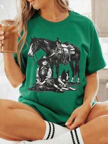 Women's 100% Cotton T-Shirt With Cowgirl, Horse, And Dog Print, Retro Country Style, Round Neck, Short Sleeve, Casual, Summer, Soft And Breathable, For Country Music Festivals And Rodeos, Gift For Horse Lovers, Dog Owners, And Country Lifestyle Enthusiasts, Summer Clothing - 綠色 - 查看 6