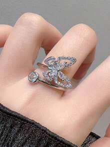 1 pieza Anillo ajustable elegante y delicado con mariposa de cristal completo, accesorio de anillo de dedo de diseño exclusivo y de alta gama - Plateado - Ver 7