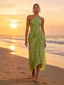Women's Dresses 2026 Summer New Arrival Women's Fashion Ruched Halter Neck Sexy Bandeau Backless Dress - 綠色 - 查看 3