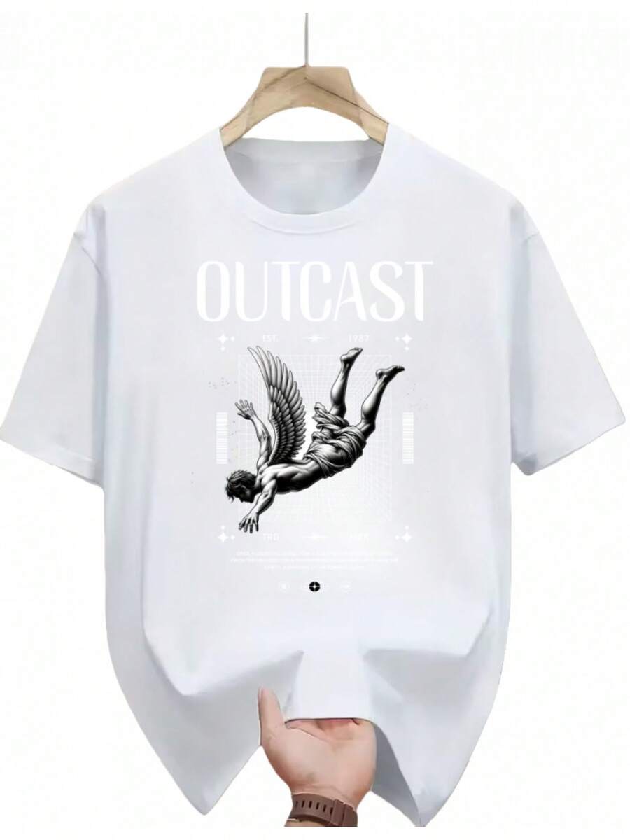 [Nueva Camiseta de Estilo Oscuro]Diseño con Estampado de Ángel Caído, Cómoda, Transpirable, Corte Holgado, Ideal para Uso Diario / Escenas de Subcultura, Lavable a Máquina, Un Excelente Artículo para Entusiastas de la Subcultura y un Regalo Único. - Blanco - Ver 1