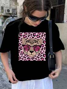 [Leopard Print T-Shirt] Women's Black Casual Leopard Print T-Shirt - Short Sleeve, Round Neck, All Seasons Top Y2k T-Shirt Shirt - 白色 - 查看 1