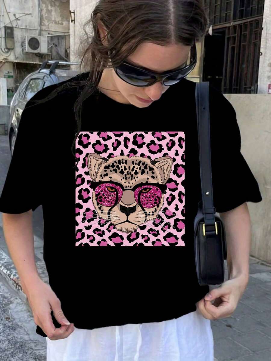 [Leopard Print T-Shirt] Women's Black Casual Leopard Print T-Shirt - Short Sleeve, Round Neck, All Seasons Top Y2k T-Shirt Shirt - 白色 - 查看 1