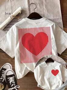 NEW Women's Short Sleeve T-Shirt With Striped Heart Print On Both Sides (Front And Back) - Casual Round Neck Blouse, Suitable For Casual And Outdoor Wear, Machine Washable Garment For Mixing And Matching - Sets - Women's Summer Clothes, Women's Casual Summer Printed Round Neck T-Shirt | Easter And St. Patrick's Day, Independence Day - 白色 - 查看 7