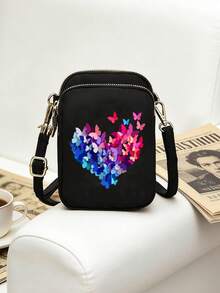 Colorful Gradient Butterfly Heart Pattern Crossbody Bag, Compact Oxford Fabric Multi-Pocket Shoulder Bag And Phone Bag With Gold Zipper, Adjustable Shoulder Strap, Coin Storage And Earphone Hole - Perfect For Daily Commute And Casual Outings, Summer Beach Travel, Delicate Texture - Multicolor - View 6