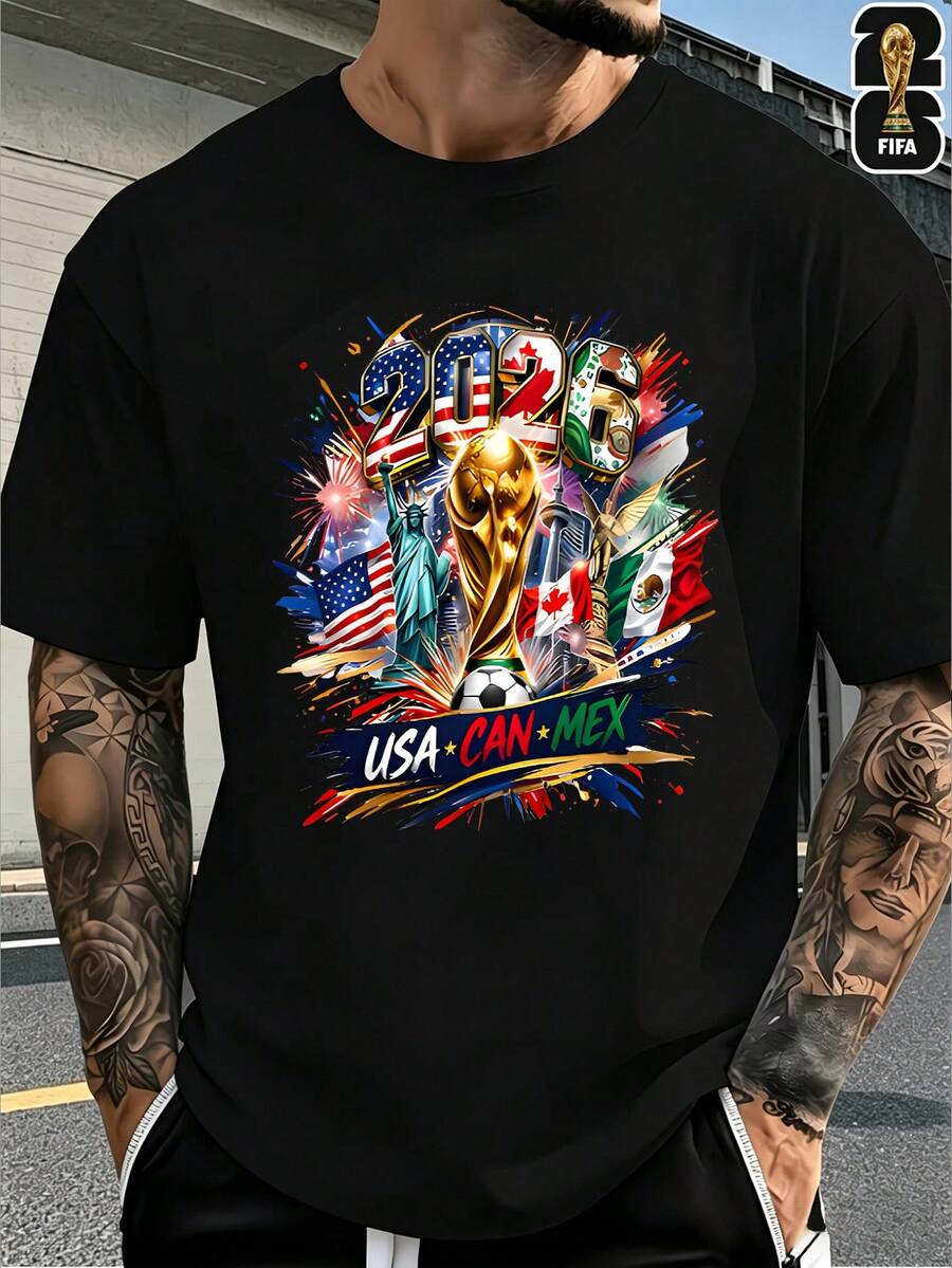 [FIFA World Cup Licensed]2026 USA-Canada-Mexico World Cup Football Pattern T-Shirt, 180g 100% Cotton, Round Neck, Comfortable Casual Sports T-Shirt Fo - 黑色 - 查看 1
