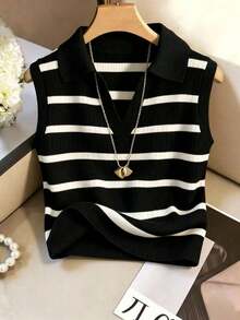 Chaleco de punto casual y elegante con cuello y rayas para mujer - Negro - Ver 3