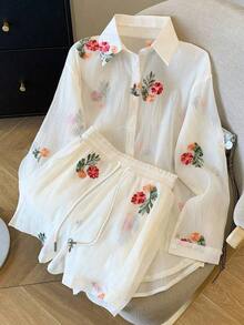 Conjunto de camisa de manga larga de hombros caídos y pantalones cortos de gasa holgada y regular - Blanco - Ver 3