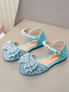 1 Pair Fashion Girls' Princess Shoes, Summer New Design With Bow Buckle, Closed Toe And Rhinestone Decor, Suitable For Outdoor Activities, Parties And Various Occasions - Blue - View 3