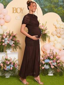 Loomaby Elegante vestido de fiesta de maternidad, vestido ajustado de unicolor con parches, tul transparente y volantes - Cafetería - Ver 7