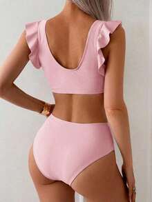 Conjunto de traje de baño para mujer, conjunto de unicolor con escote cuadrado tipo bandeau, tirantes con volantes - Rosa - Ver 2