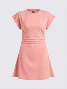 Vestido mini casual de mujer de punto de unicolor con cuello redondo, manga corta y cordón lateral - Rosa - Ver 5