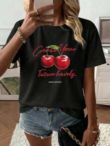 [Local Delivery] Women's T-Shirt, Casual White T-Shirt With Cherry Print, Round Neck, Short Sleeve, Regular Fit, Perfect For A Chic Style In Everyday Autumn Wear. - 黑色 - 查看 2