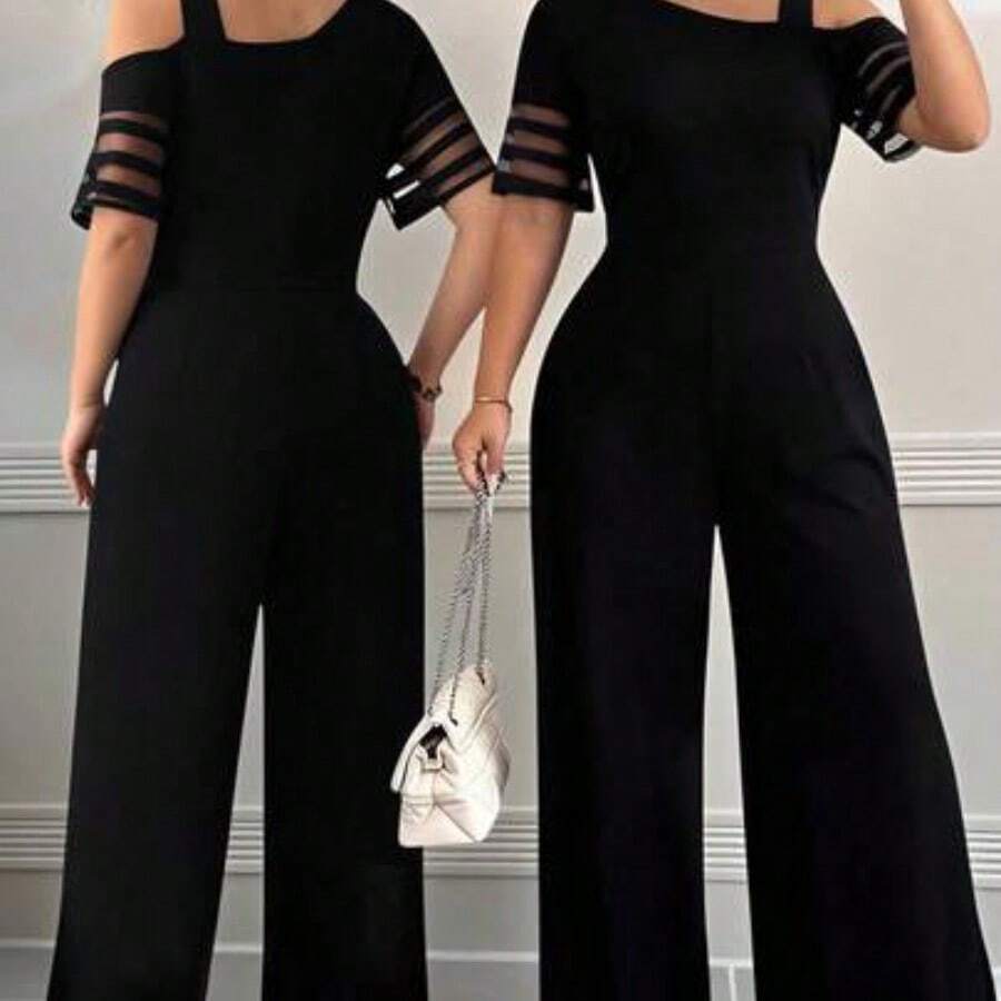 Elenzya Plus Size Women Casual Solid Color Minimalist Asymmetric Jumpsuit - Negro - Ver 1