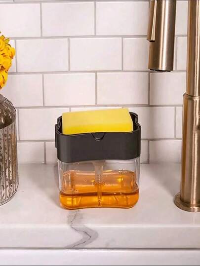 Automatic Refill Liquid Soap Dispenser For Kitchen, Made Of & Phthalate-Free Plastic, Manual Liquid Soap Dispenser With Built-In Brush Holder, Wall-Mounted Multi-Function Kitchen Sink Soap Organizer