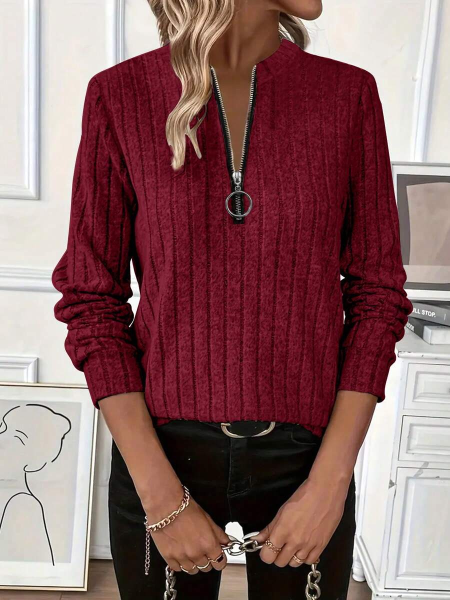 Women's Ribbed Knit Zip Up Top Solid Color Long Sleeve Slim Fit Casual Autumn Winter Sweater - Wine Red - 查看 1