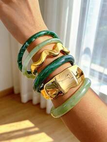 6pcs/Set Vintage Elegant Bohemian Summer Holiday Geometric Asymmetrical Green Resin Tie Dye Bracelet Set, Acrylic Fan-Shaped Wave Bracelets, Y2K Cute Jewelry Accessories Suitable For Women Summer Beach Party Birthday Daily Wear, Gift For Her - Multicolor - View 3
