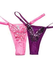 Butterfly Panties Kit 2 Microfiber Thong Lingerie Sexy Sensual Adjustable G-String - Rosa chicle y morado - Ver 1