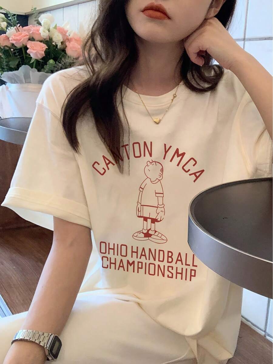 Camiseta de manga corta con estampado de letras, top informal de cuello redondo para primavera y verano, ropa de mujer. - Blanco - Ver 1