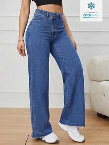 Pantalones Largos De Mezclilla De Cintura Alta Cruzada Para Mujer - Azul lavado medio - Ver 7