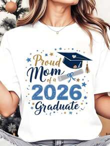 1 Piece Women's Round Neck T-Shirt With Graduation Cap And Diploma Design For A Mother Graduating In 2026, Ideal For Celebrating Your Child's Graduation, 220g/180g, 100% Cotton. - 白色 - 查看 1