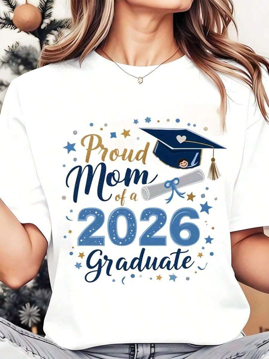 1 Piece Women's Round Neck T-Shirt With Graduation Cap And Diploma Design For A Mother Graduating In 2026, Ideal For Celebrating Your Child's Graduation, 220g/180g, 100% Cotton. - 白色 - 查看 1