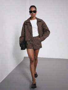 Ropa de mujer Se-Helo para primavera/verano/otoño, ropa de calle para volver a la escuela/universidad, chaqueta bomber de estilo retro europeo y americano con cuello alto de lunares, abrigo de estilo aviador de moda - Café integral - Ver 2