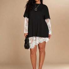 Plus Size Women's Black Short Sleeve Lace Patchwork Top, Spring & Summer Outfit Women's Casual Solid Color Asymmetrical Hem Lace Patchwork T-Shirt, Basic Everyday Wear, Spring/Summer Casual Top For Women Vacation Outfits Women Summer Holiday Outfits Holiday Outfits For Women Vacation Outfits For Women Summer Outfits Summer Outfits For Women Spring Outfit Women Spring Break Outfits Beach Dress Beach Outfits For Women Beach Outfit For Women Casual Blouses For Women Going Out Top Going Ou - Blanco y Negro - Ver 1