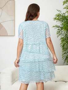 Reflora Vestido de moda con cuello redondo, mangas con volantes y estampado floral para mujer de talla grande - Azul 2 - Ver 2