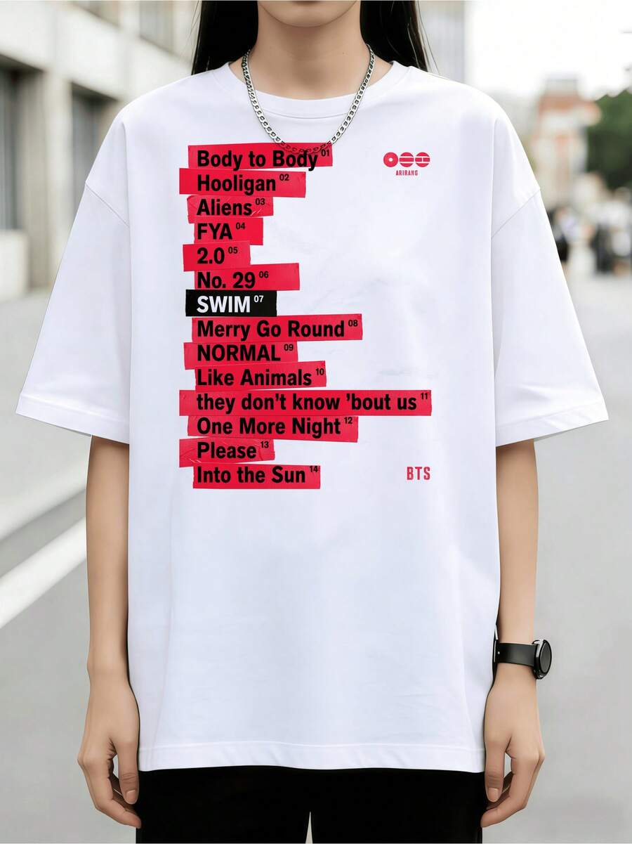 Tape Style Album Tracklist Fan Cotton Summer Short Sleeve T-Shirt - White - View 1