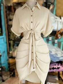 Vestido camisa de manga corta con cuello, abotonadura sencilla y cintura con lazo - Albaricoque - Ver 6