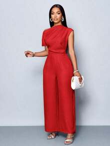 Mono de pierna ancha con hombros descubiertos, cuello asimétrico, pliegues en los hombros y manga corta, de uso casual, elegante y apropiado para salidas diurnas, en color albaricoque, para mujer de uso en las cuatro estaciones - Rojo - Ver 5