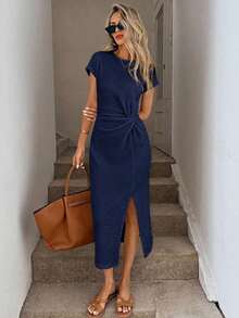 Vestido midi casual de mujer con estampado de lunares, cintura retorcida y abertura alta sin mangas; Vestido ajustado texturizado casual de mujer; Conjunto de fitness de mujer; Vestido de invitada de boda de mujer; Atuendo de oficina de mujer - Azul - Ver 5