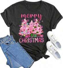 1 Women's Christmas T-Shirt - Graphic Tee With A Cheerful And Bright Christmas Tree Design, Santa Claus Print, Christmas Eve Graphic Tee, Unisex Festive Tee For Women And Men, Everyday Wear At Festivals, 180g 100% Cotton, Designs Are Fully Printed. Unisex. - 10 黑色 - 查看 12