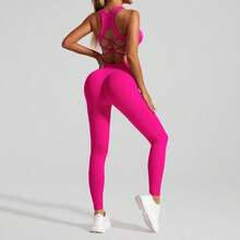 2-Piece Seamless Back Yoga Suit Set, Sports Underwear Women's High Waist Peach Hip Fitness Yoga Pants - Áo ngực hở lưng và quần yoga màu đỏ hồng tuyệt đẹp. - Xem 5