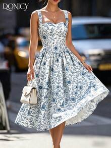 DONICY Women's Multicolor Floral Ruffle Hem Midi Dress, Square Neck Sleeveless Dress, Sweet Romantic Summer Holiday Dress - Multicolor - View 5