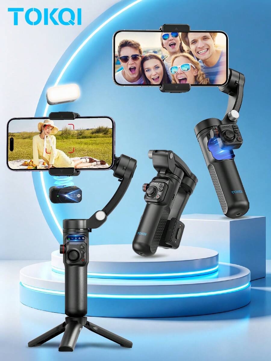 TOKQI 3-Axis Gimbal Stabilizer, AI Face Tracking Handheld Selfie Stick Tripod For Smartphones, With Adjustable LED Fill Light And Magnetic Remote Control, Anti-Shake For Photography, Videography, Vlogging, Live Streaming