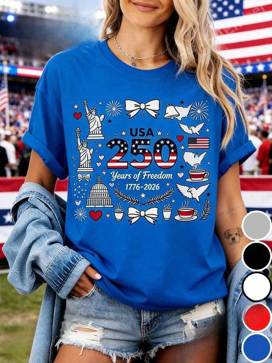 Camiseta de Cuello Redondo para Hombre 1% | EE.UU. 25 Tee Con Coqueta Doodles, Rojo, Blanco & Azul , Impreso Con 4º De Julio Celebración Diseño, Clásico Ajuste Informal Estilo, Múltiple Tallas Corte Holgado Camiseta Unisexo Informal & Todos los días Estilo, Versátil Para Primavera Verano & Otoño-Vintage Calle Estilo Unisexo Suelto Algodón Corto Manga Tripulación Cuello Camiseta 100% algodón puro - Azul - Ver 1