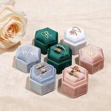 1pc Customized Crystal Patchwork Hexagonal Velvet Ring Box, Personalized Wedding Ring Holder, Engagement Proposal Jewelry Box, Perfect Gift For Couples And Newlyweds - Multicolor - View 2