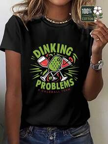 OversizeCamiseta cómoda de algodón puro para mujer, con diseño divertido de pickleball y vino, corte holgado, estilo casual, estampados divertidos, camiseta ligera, duradera, estampada, de manga corta, moda femenina, ideal para entusiastas del deporte. - Negro - Ver 6