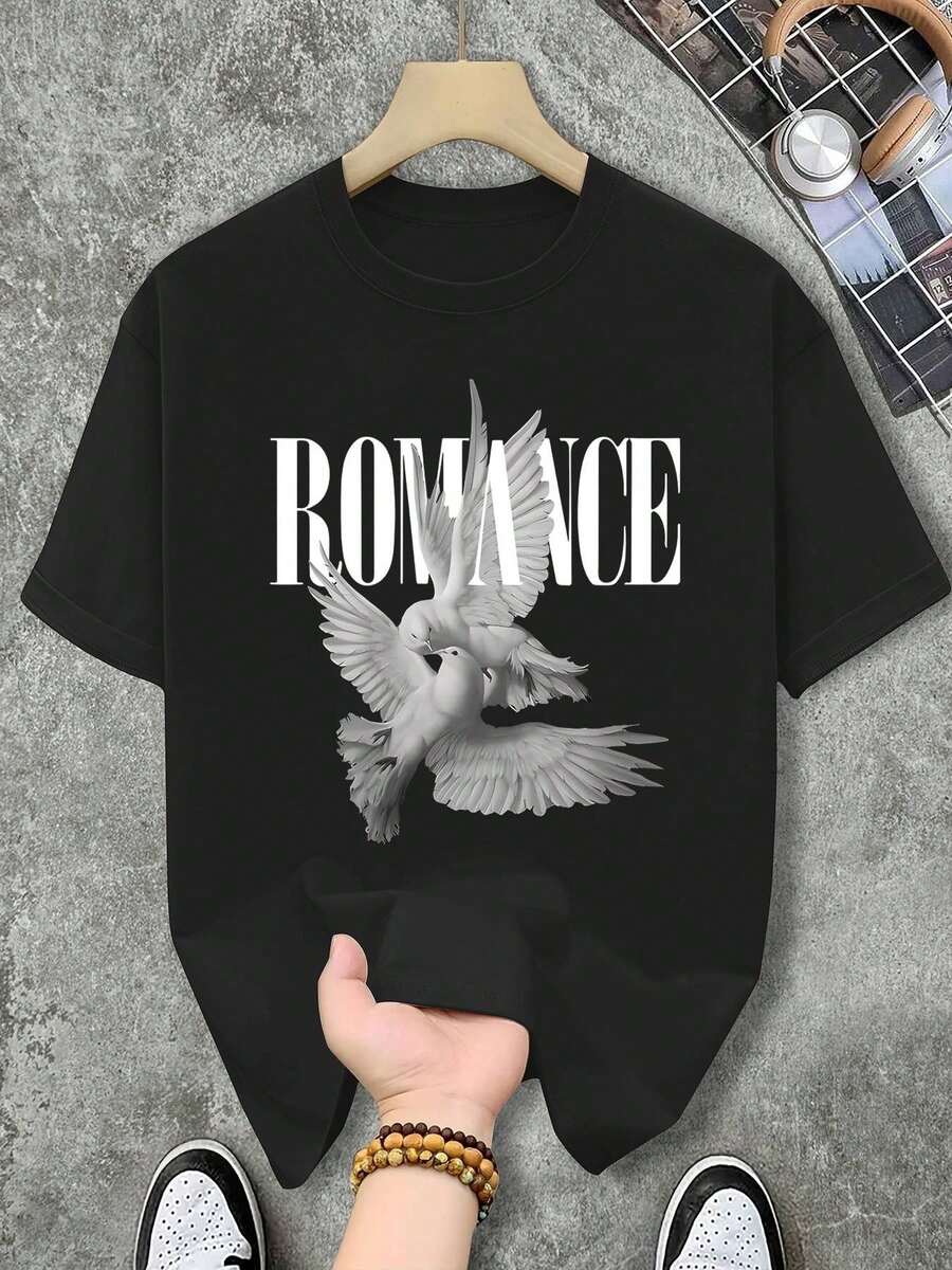 Y2K Streetwear ofrece camisetas cómodas para todas las estaciones, con un diseño divertido y romántico que presenta dos palomas blancas y letras, perfectas para un estilo casual urbano tanto para hombres como para mujeres, incluyendo camisetas deportivas de manga corta con cuello redondo.Camiseta Y2k - Negro - Ver 1