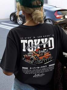 Women's Short Sleeve T-Shirts, 100% Cotton, Casual Short Sleeve T-Shirt With Round Neck, Tokyo Racing Car Print And "Tokyo Underground", Soft Black Top, Breathable And Loose Fit, JDM Urban Style For Ladies' Daily Wear. - 黑色 - 查看 8